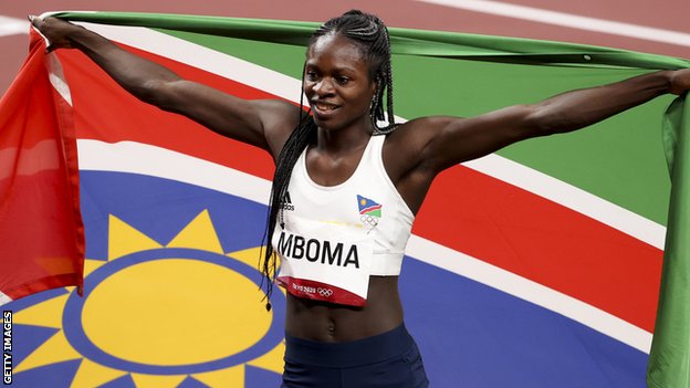 Christine Mboma celebrates her silver medal at the Tokyo Olympics