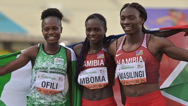 Nigeria Florence Ofili (Left) and Namibian Christine Mboma (Centre) and Beatrice Masilingi (Right) afta di women 200m final for di 2021 U20 World Athletics Championships in Kenya.