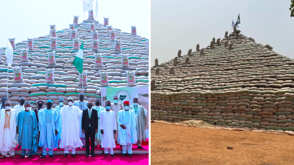 Di rice pyramid wey president Buhari unveil for Abuja on January 18, 2022