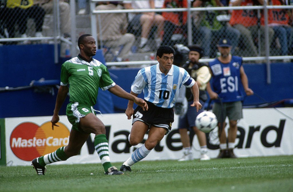 Uche Okechukwu and Diego Maradonna for Nigeria vs Argentina US 94