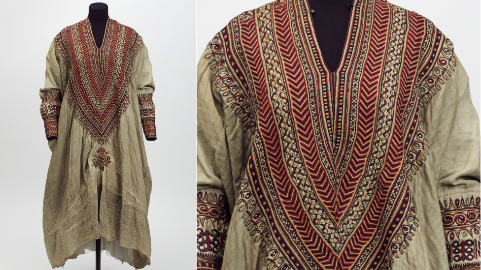V&A Museum, Maqdala 1868 display: Cotton dress embroidered with silk.