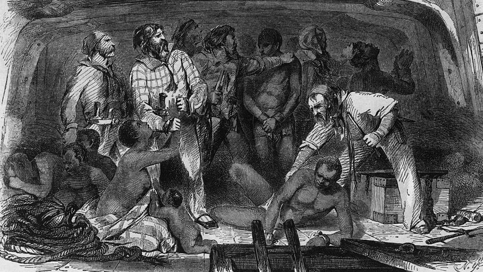 A 18th-century drawing showing slaves aboard a slave ship