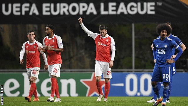 Paulinho celebrates scoring for Sporting Braga against Leicester in the Europa League