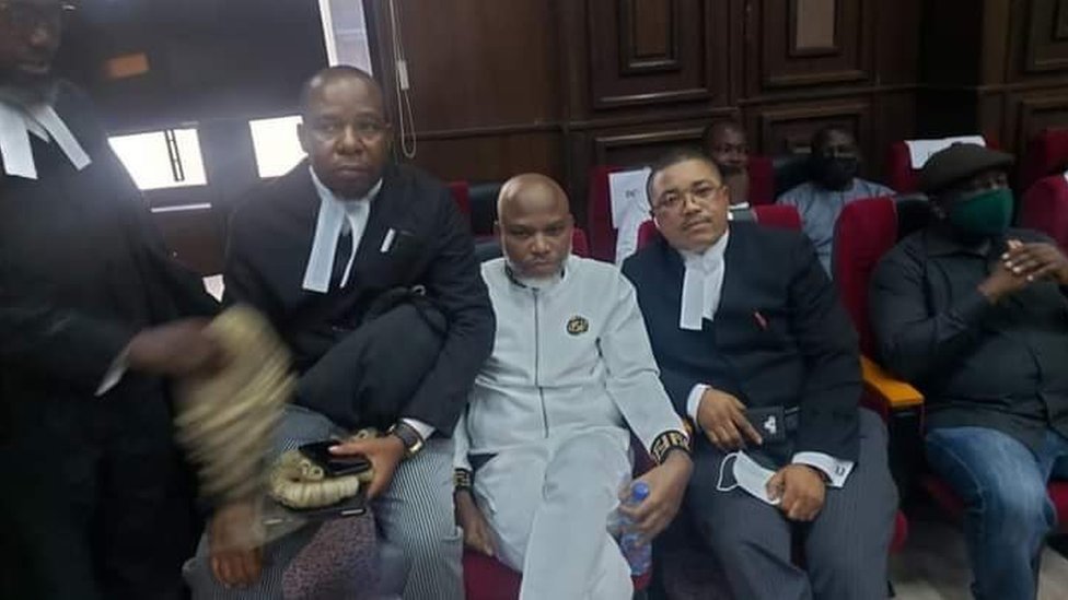 Nnamdi Kanu for court with im lawyers on 10, November, 2021