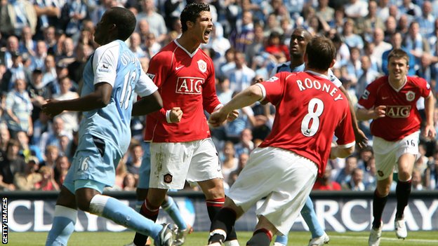 Ronaldo celebrates scoring against Manchester City in 2007