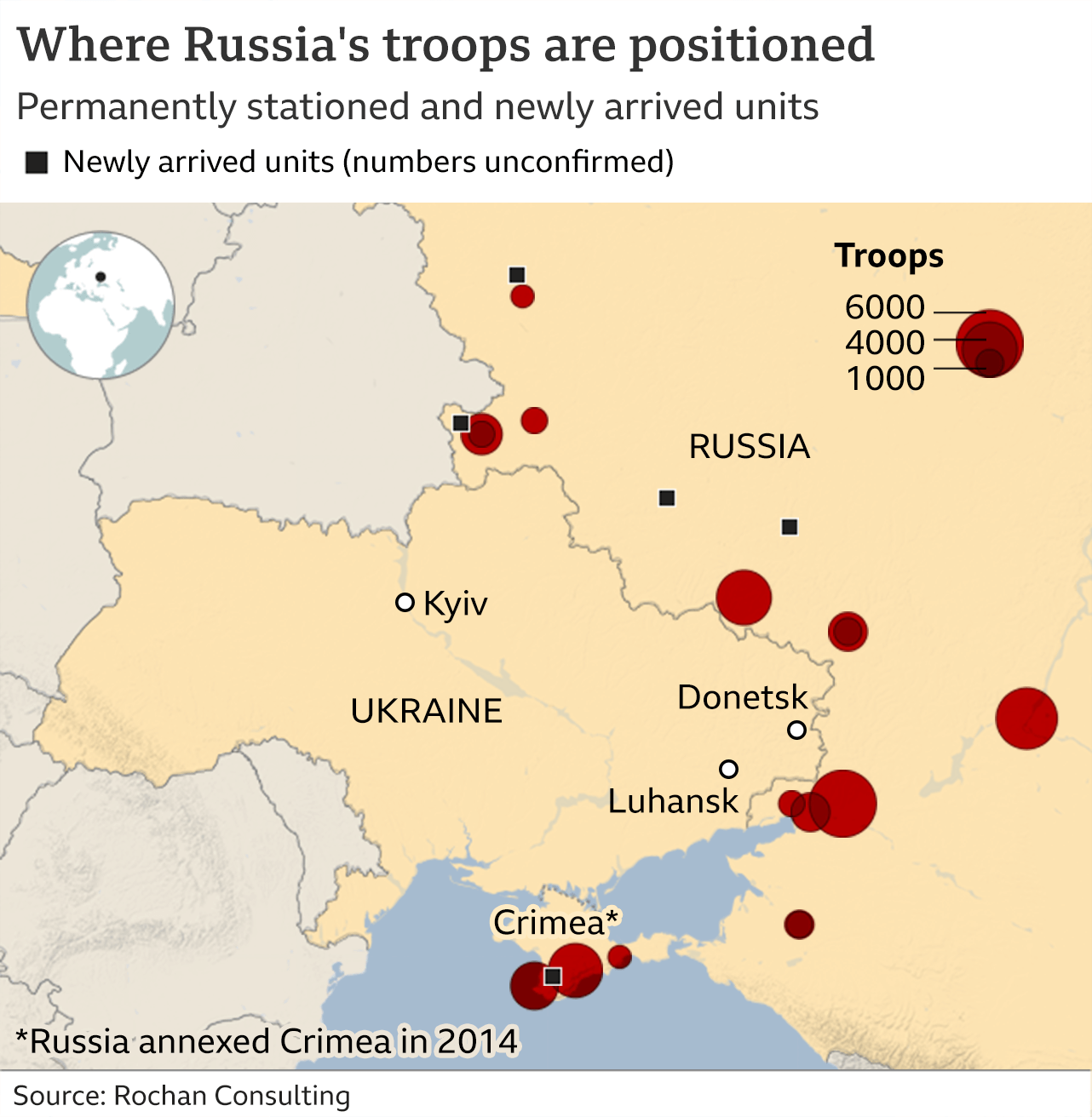 Map showing where Russia's troops are positioned along the border with Ukraine