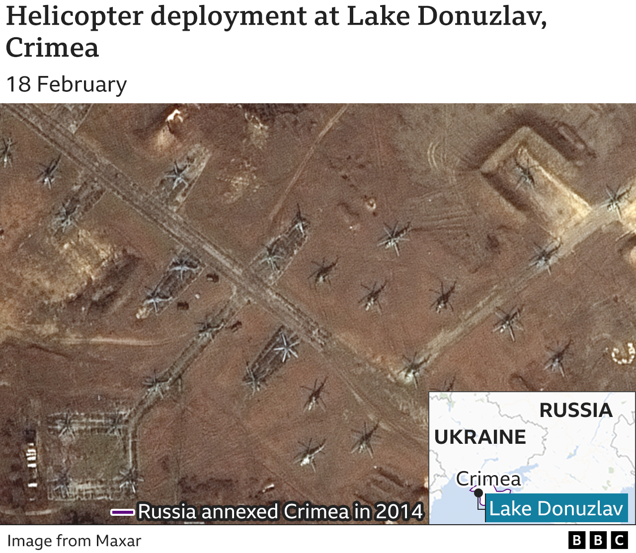 Satellite image showing helicoptetrs in Crimea.