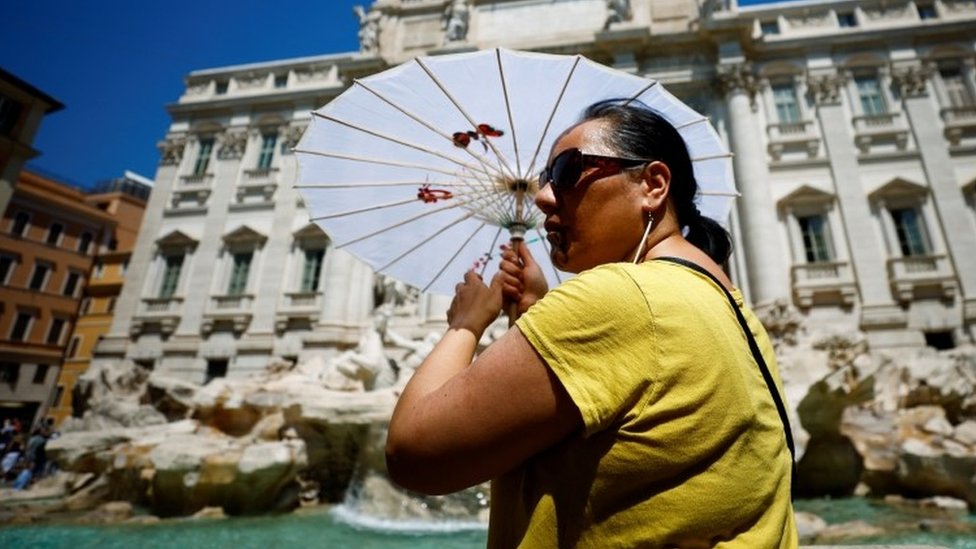 A woman holds an umbrella at Rome's Trevi fountain