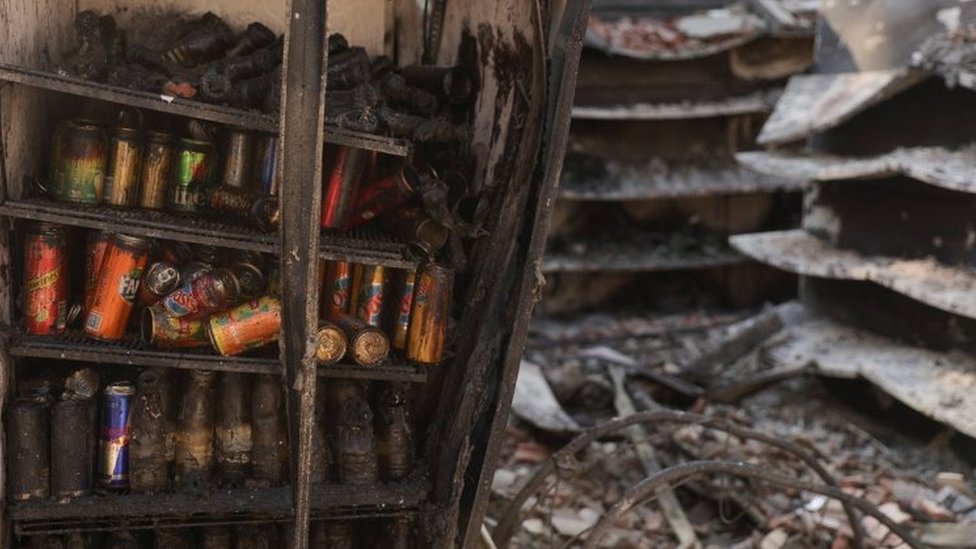A burnt out refrigerator after a wildfire in France