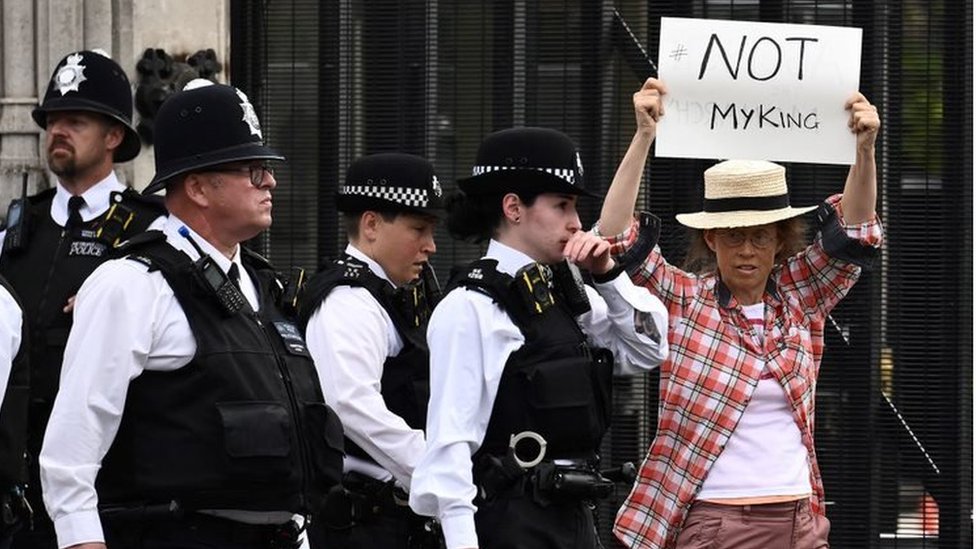 One anti-Royal demonstrator protests outside Palace of Westminster, central London, on 12 September