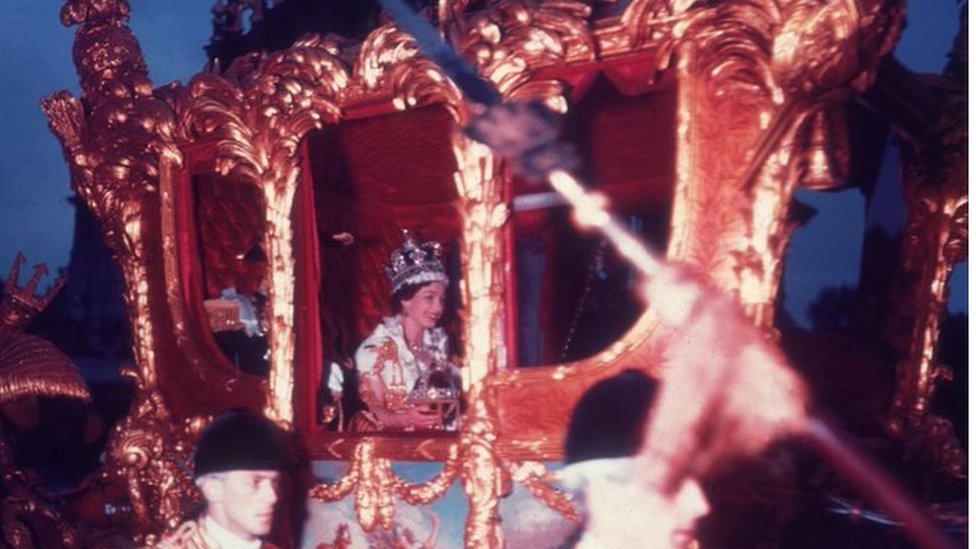 Queen Elizabeth II inside golden carriage afta her coronation for June 1953