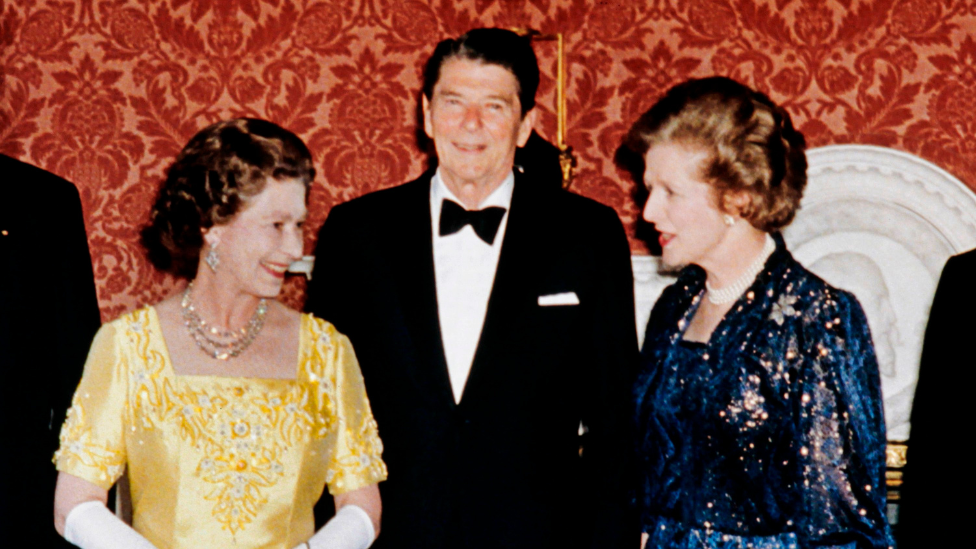Queen wit Margaret Thatcher and Ronald Reagan 
