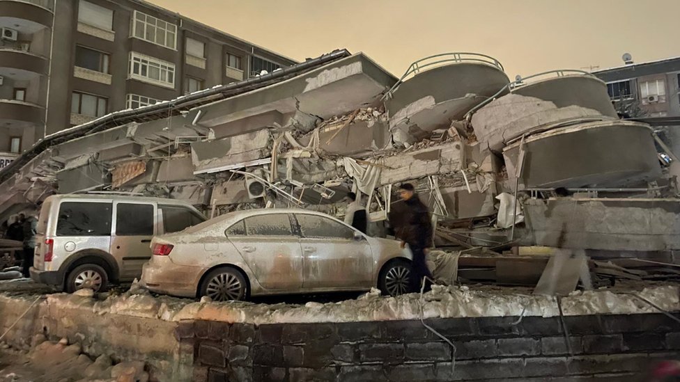 Smashed cars under one destroyed building for Malatya, Turkey. Photo: 6 February 2023