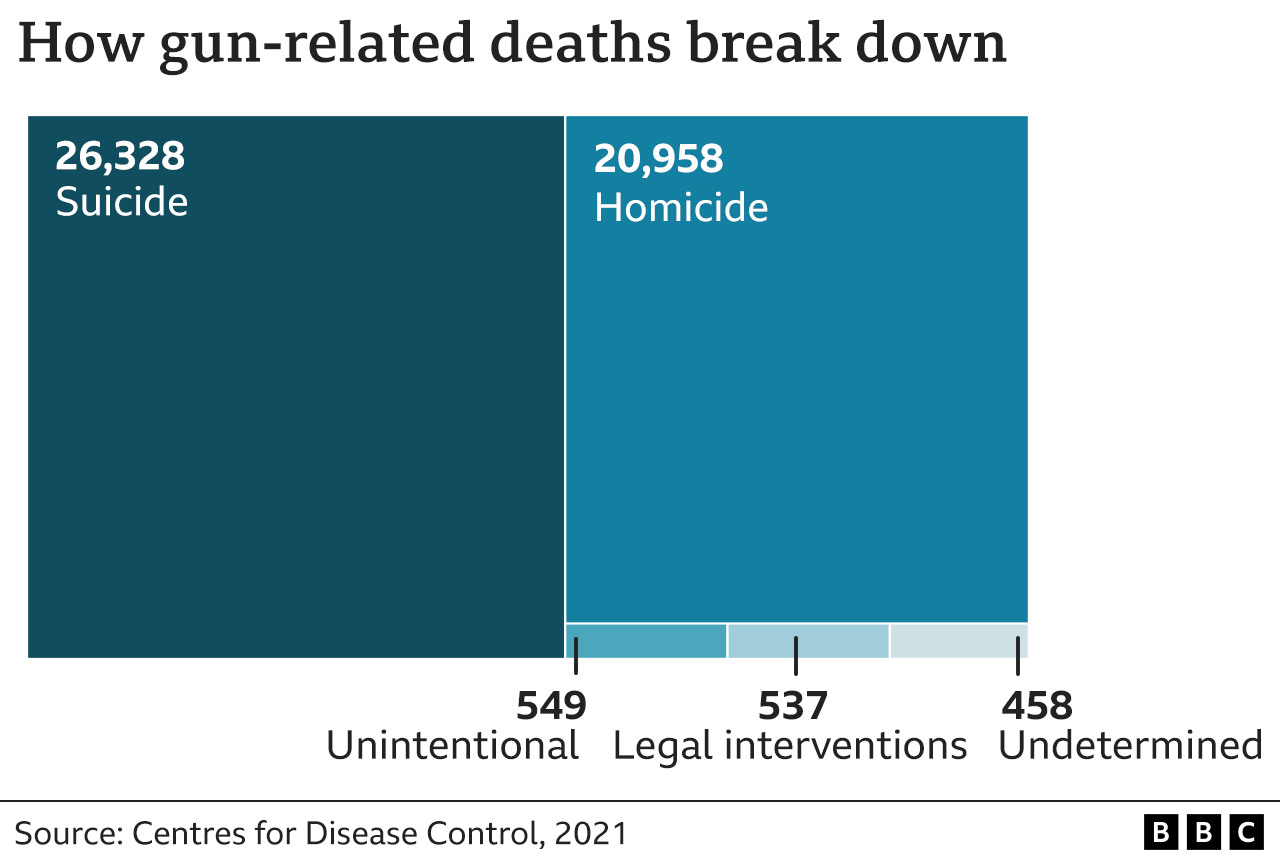 Chart show breakdown of gun-related deathsf or di US