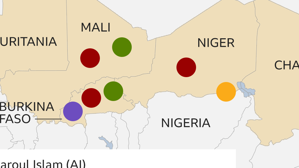 Map of di Sahel region in North Africa wit indication of which Jihadist groups operate in each country