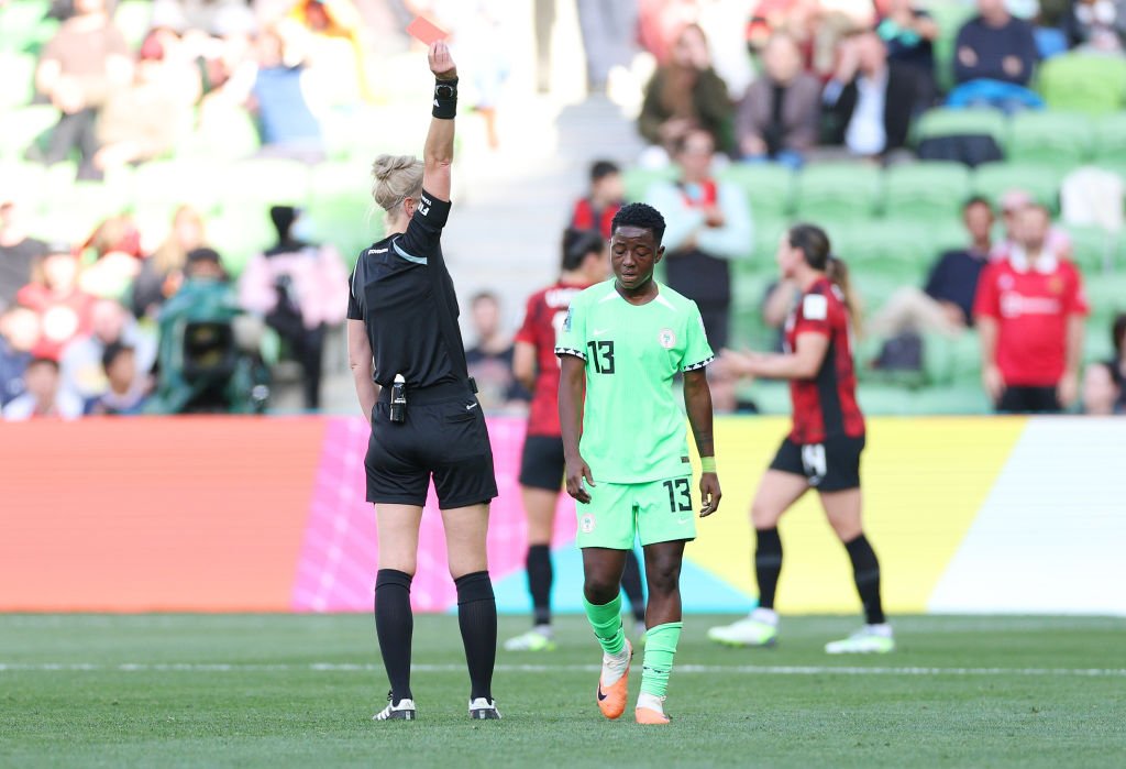 Deborah Abiodun of Nigeria chop red card from Referee Lina Lehtovaara