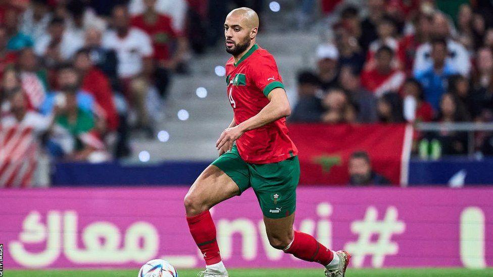 Sofyan Amrabat playing football for Morocco for di 2022 World Cup