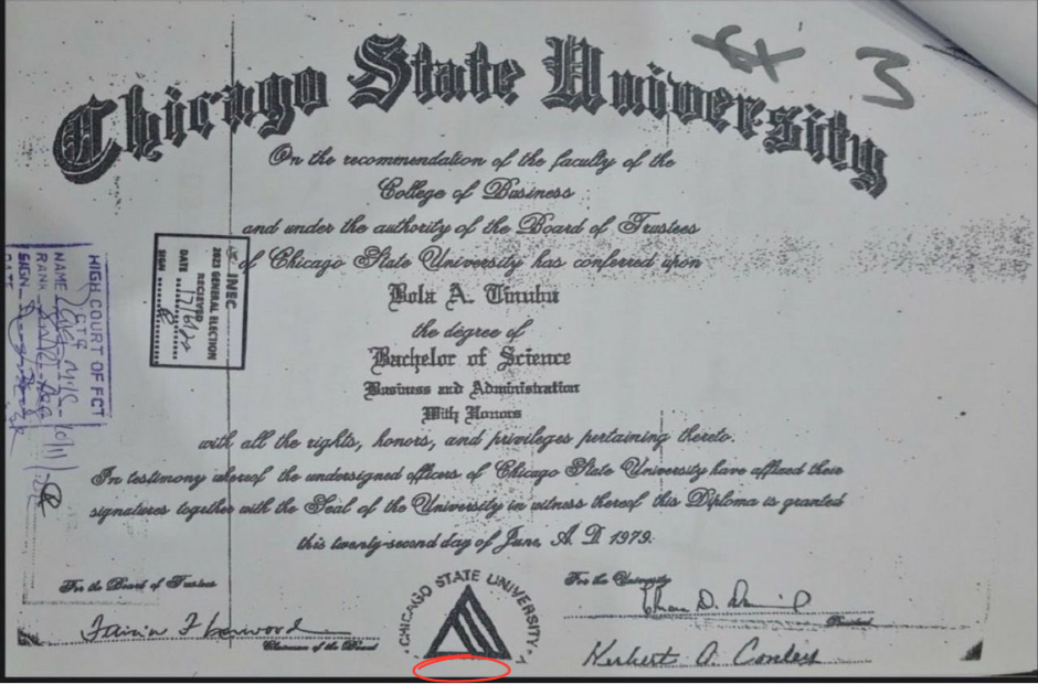 Diploma Mr Tinubu summitted to Inec with the red circle highlighting the missing portion.