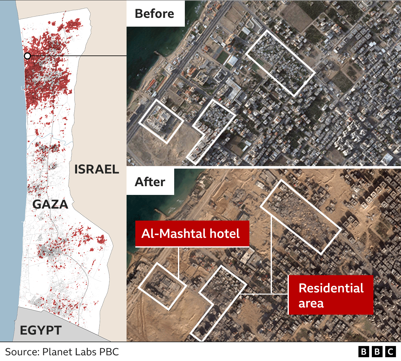 Satellite images show how residential areas bin look along di beach front north of di al-Shati camp