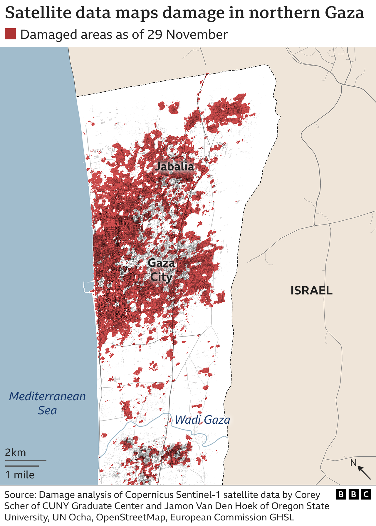 Map show damage for northern Gaza up to 29 November using satellite analysis
