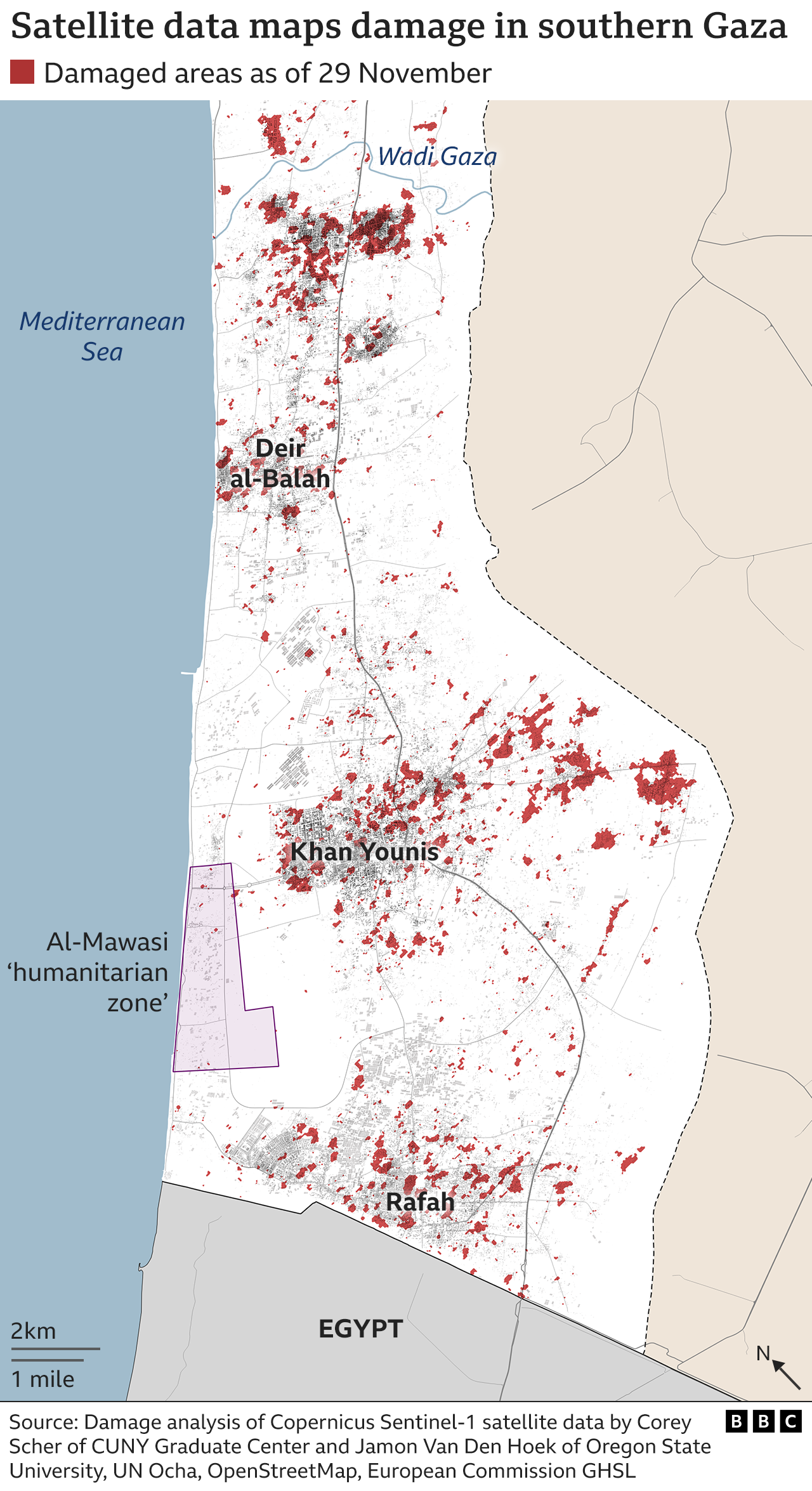 Map show damage for southern Gaza up to 29 November using satellite analysis