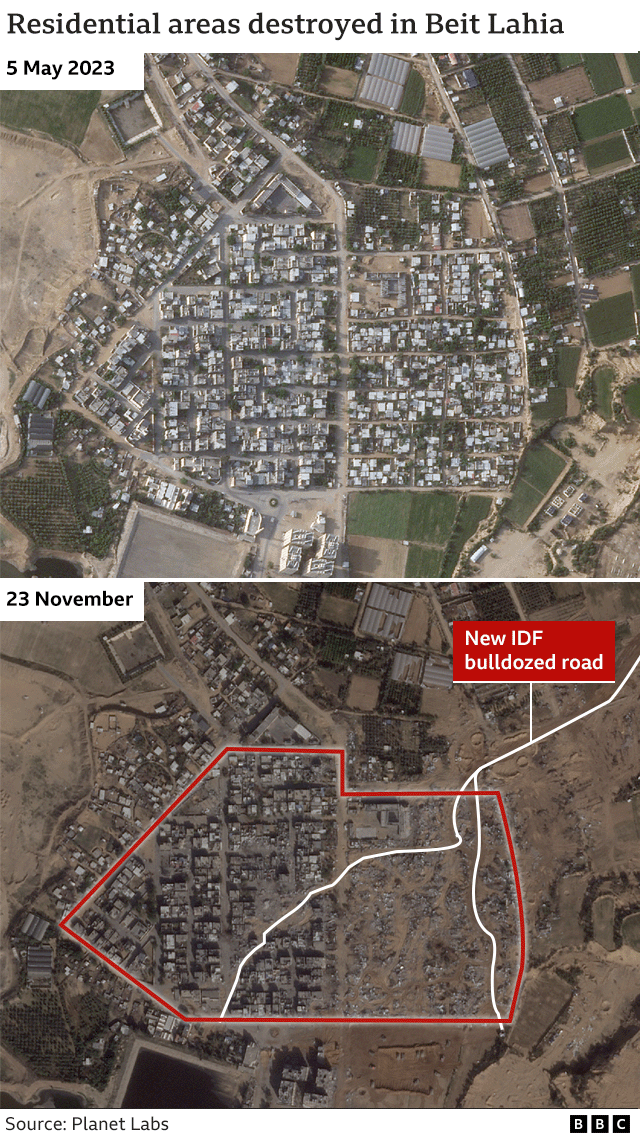 Annotated satellite images of Beit Lahia show destruction