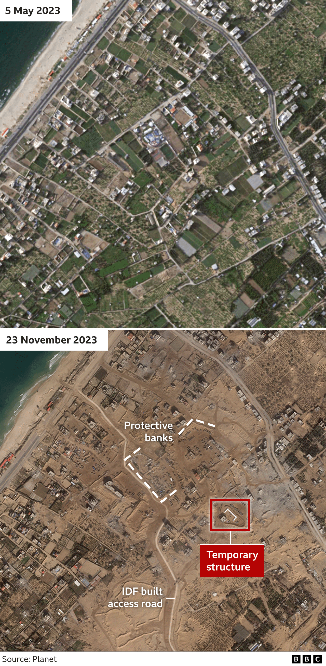 Before and afta image of damage to land south of Gaza City