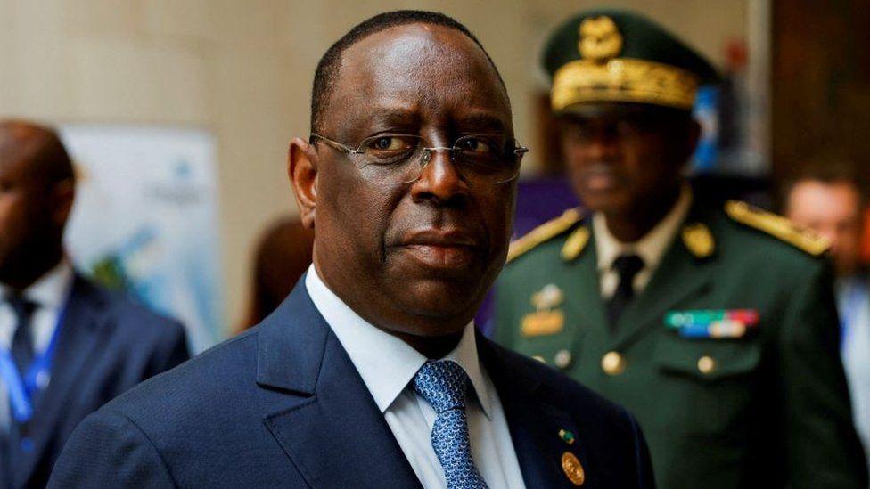 Senegalese President Macky Sall, land for di 36th Ordinary Session of di Assembly of di African Union for di African Union Headquarters for Addis Ababa, Ethiopia February 19, 2023