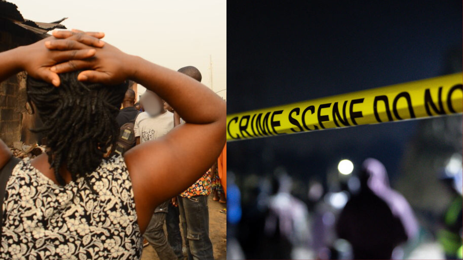 File foto collage of woman wey put hand for head and crime scene tape