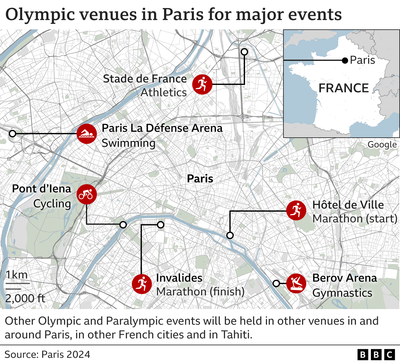Map showing select Olympic and Paralympic venues for Paris