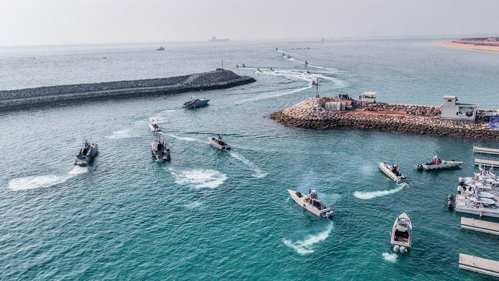 Islamic Revolutionary Guard Corps (IRGC) Navy's speedboats move during an exercise in Abu Musa Island, in this picture obtained on 2 August 2023