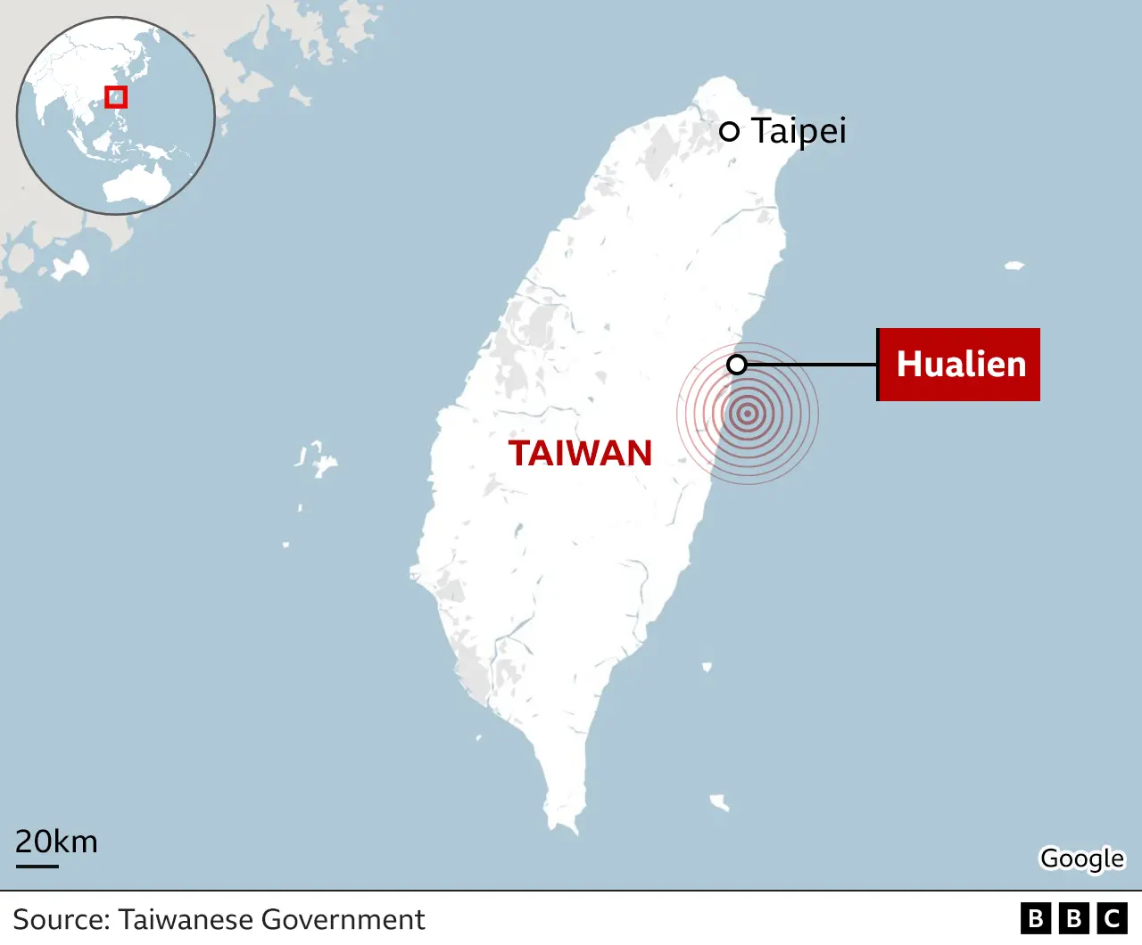 Map of Taiwan and location of earthquake