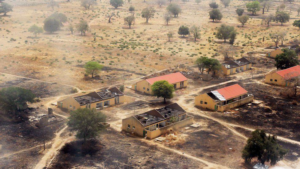 Aerial view of di burnt-out classrooms of a school for Chibok, Nigeria - March 2015