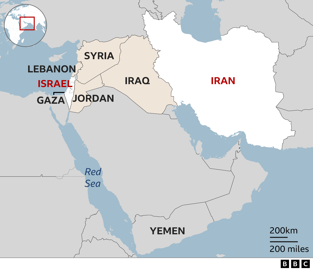 Map showing Iran, Israel and neighbouring kontries