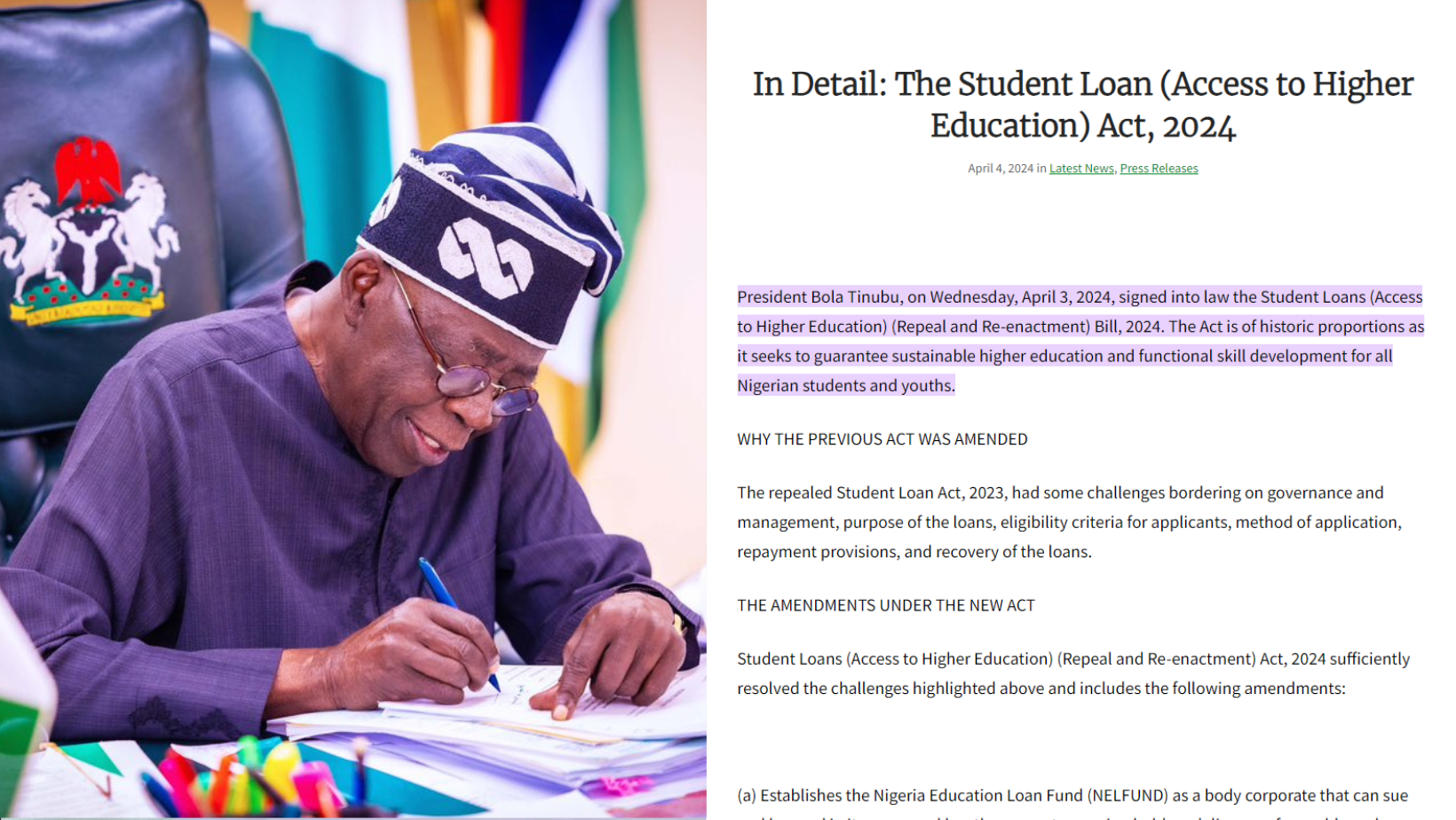 Foto of Nigeria president, Bola Tinubu and student loan screenshot 