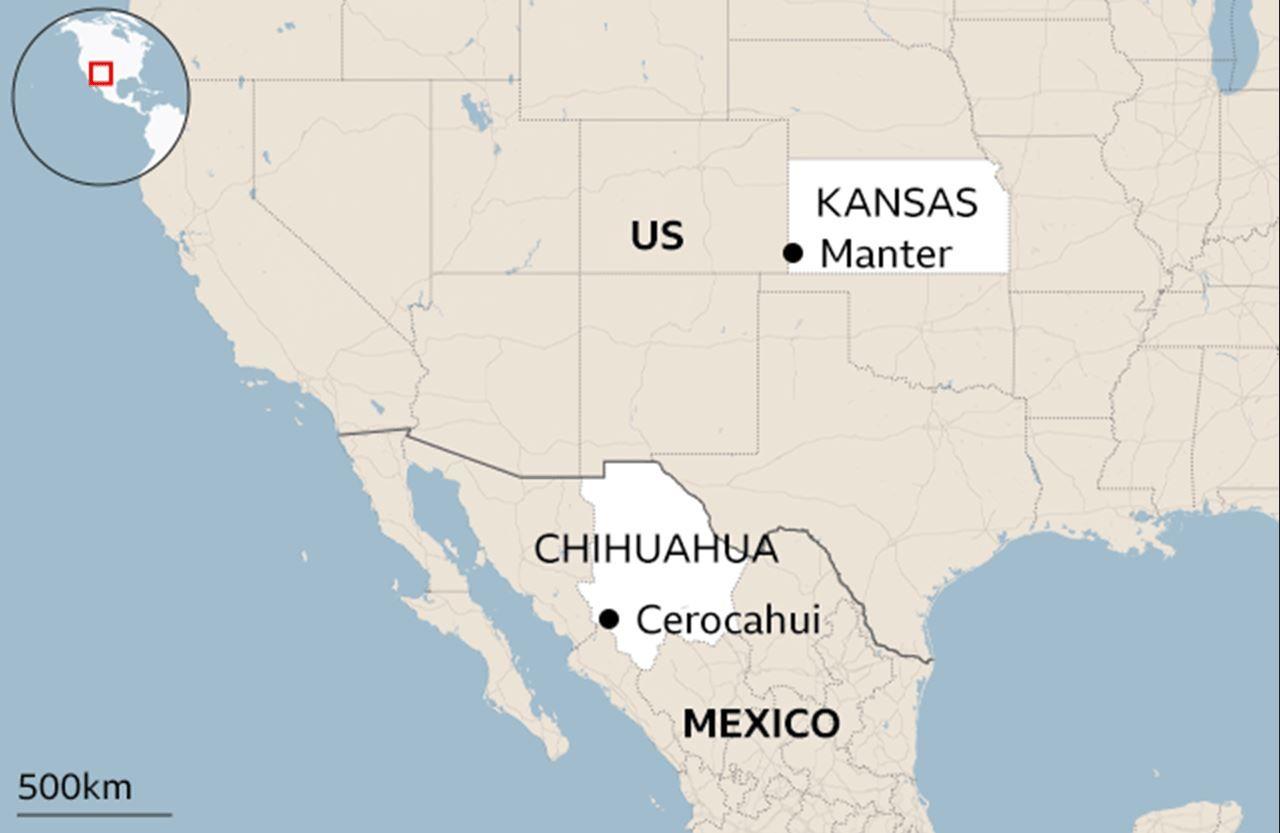 Map showing Rita's ancestral place in Mexico and Kansas in the US