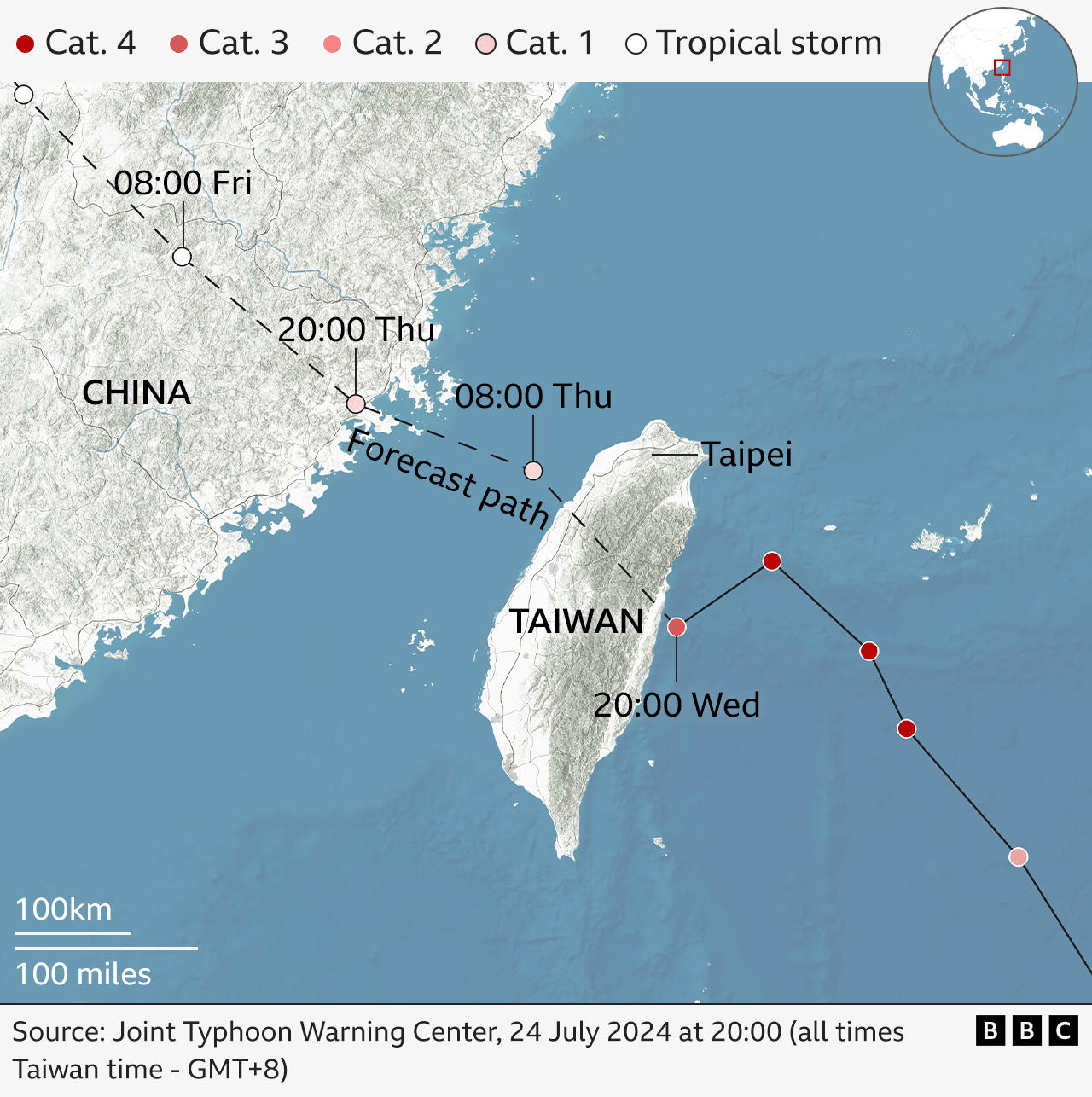 Map wey show how di typhoon go waka