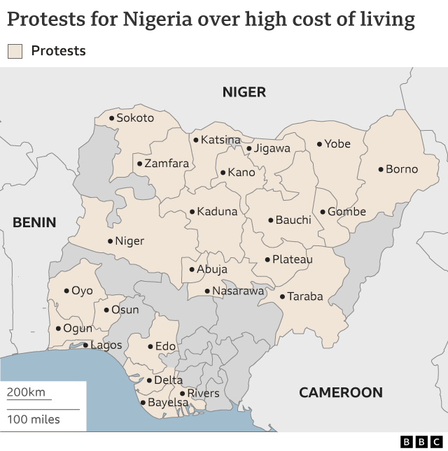 Map wey show wia protests dey happun