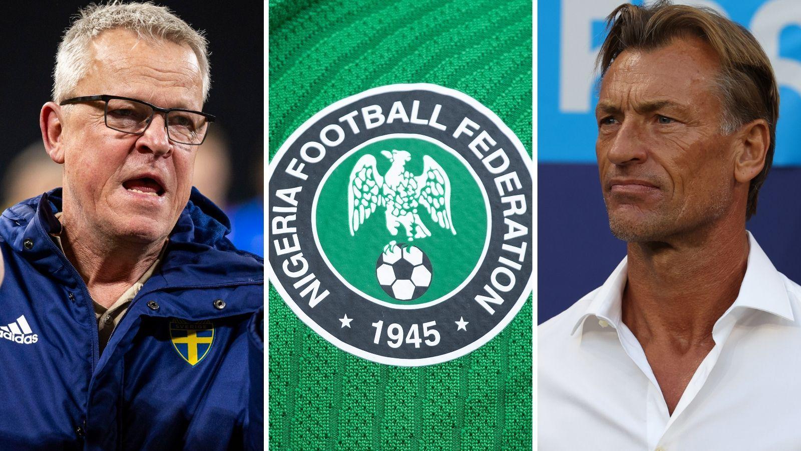 A split image wey show Janne Andersson wearing a Sweden tracksuit and Herve Renard wear white shirt either side of a Nigeria Football Federation badge