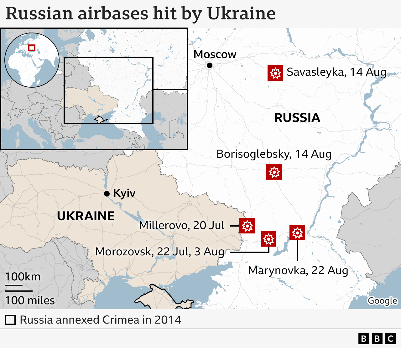 Map of Russian airbase dem wey Ukraine hit