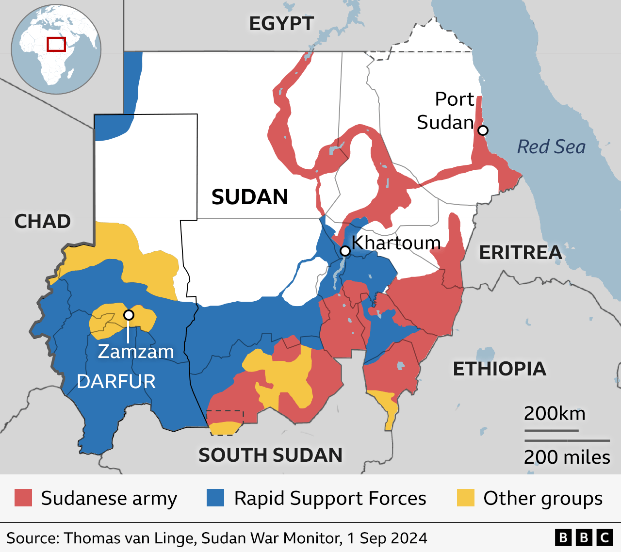 Map of Sudan wey dey show areas controlled by Sudan army and areas controlled by di rival Rapid Support Forces