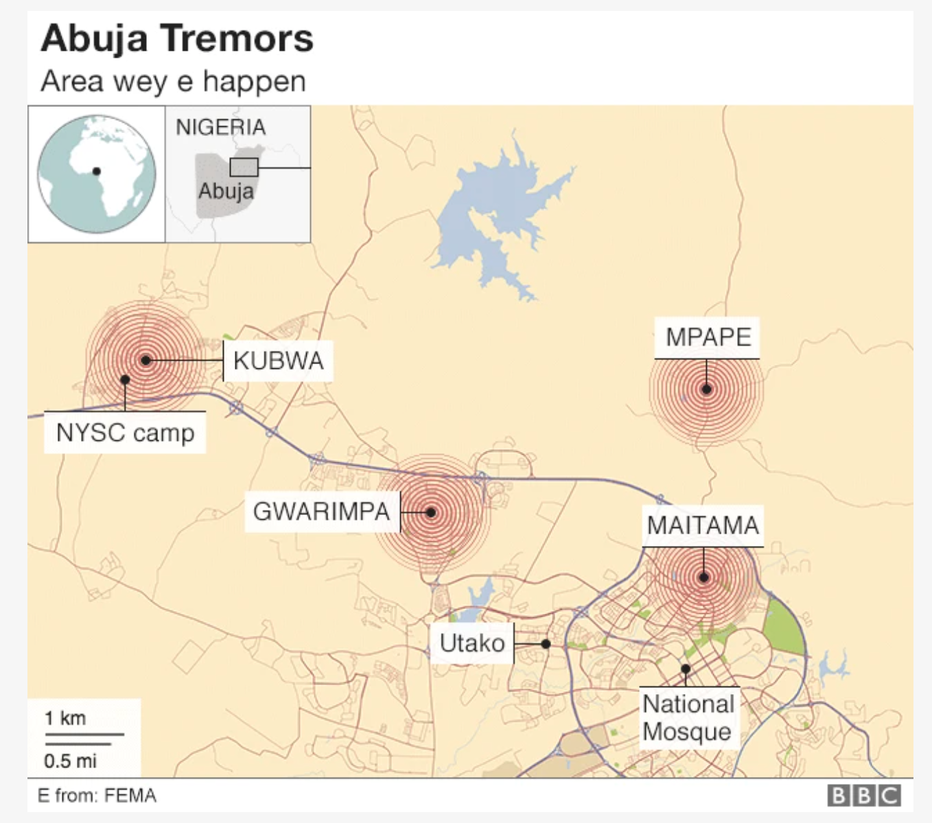 Map showing wia earth tremors happen for Abuja in 2018