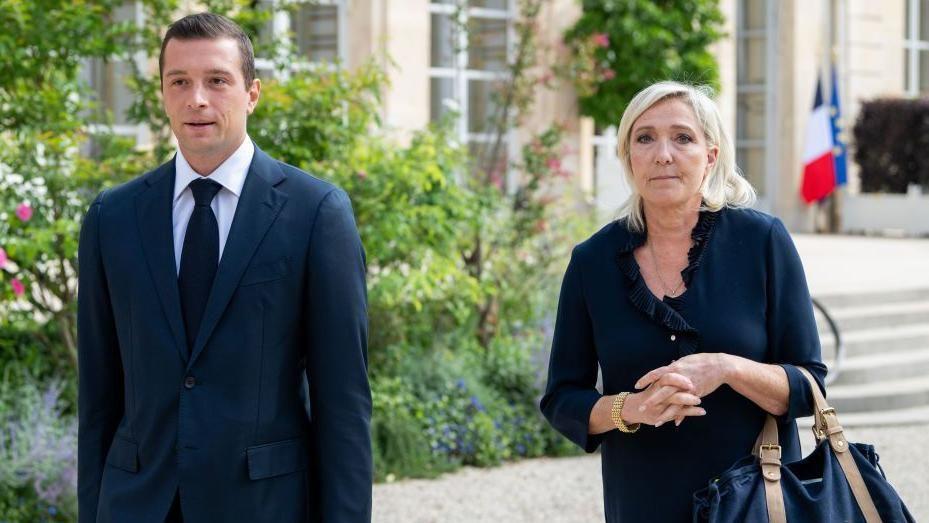 Jordan Bardella, president of National Rally (Rassemblement National), left, and Marine Le Pen, leader of National Rally