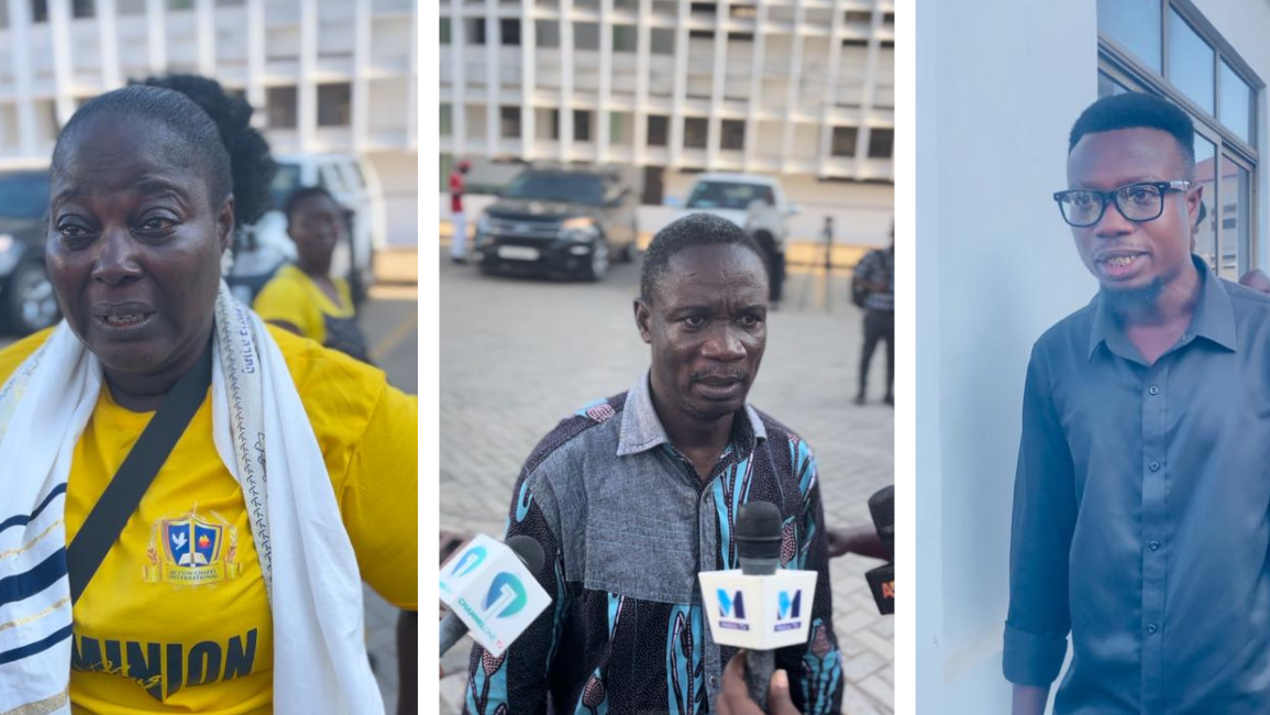 Collage fotos of three of di relatives of di arrested persons outside di courthouse 