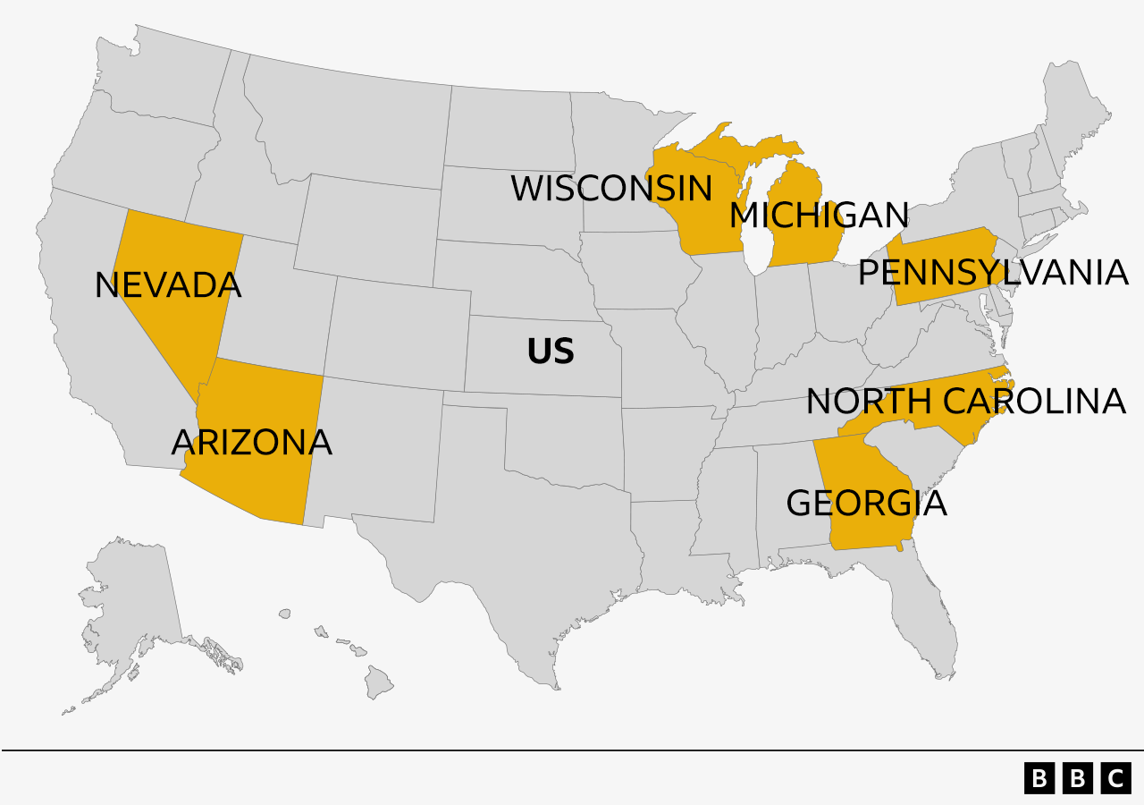 Map of di United States wit Arizona, Georgia, Michigan, Nevada, North Carolina, Pennsylvania and Wisconsin mark