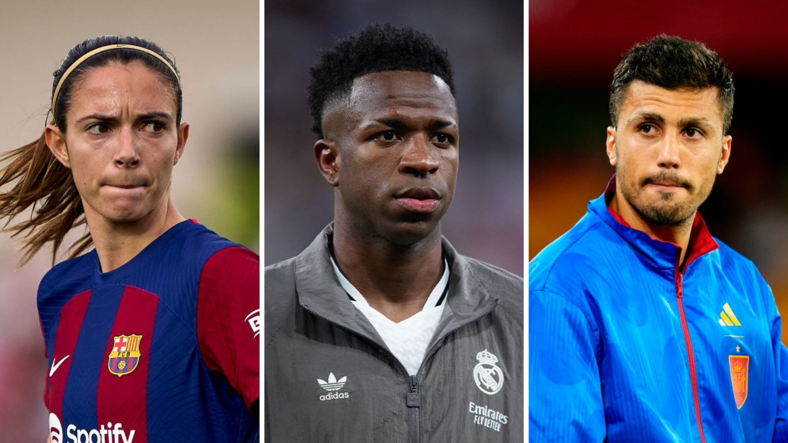 Aitana Bonmati (left), Vinicius Jr (centre) and Rodri (right) dey nominated for di 2024 Ballon d'Or awards