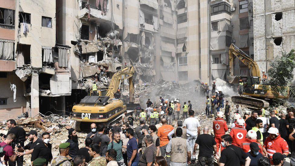 Heavily damaged settlements afta di Israeli army air strike on Southern Beirut,Lebanon