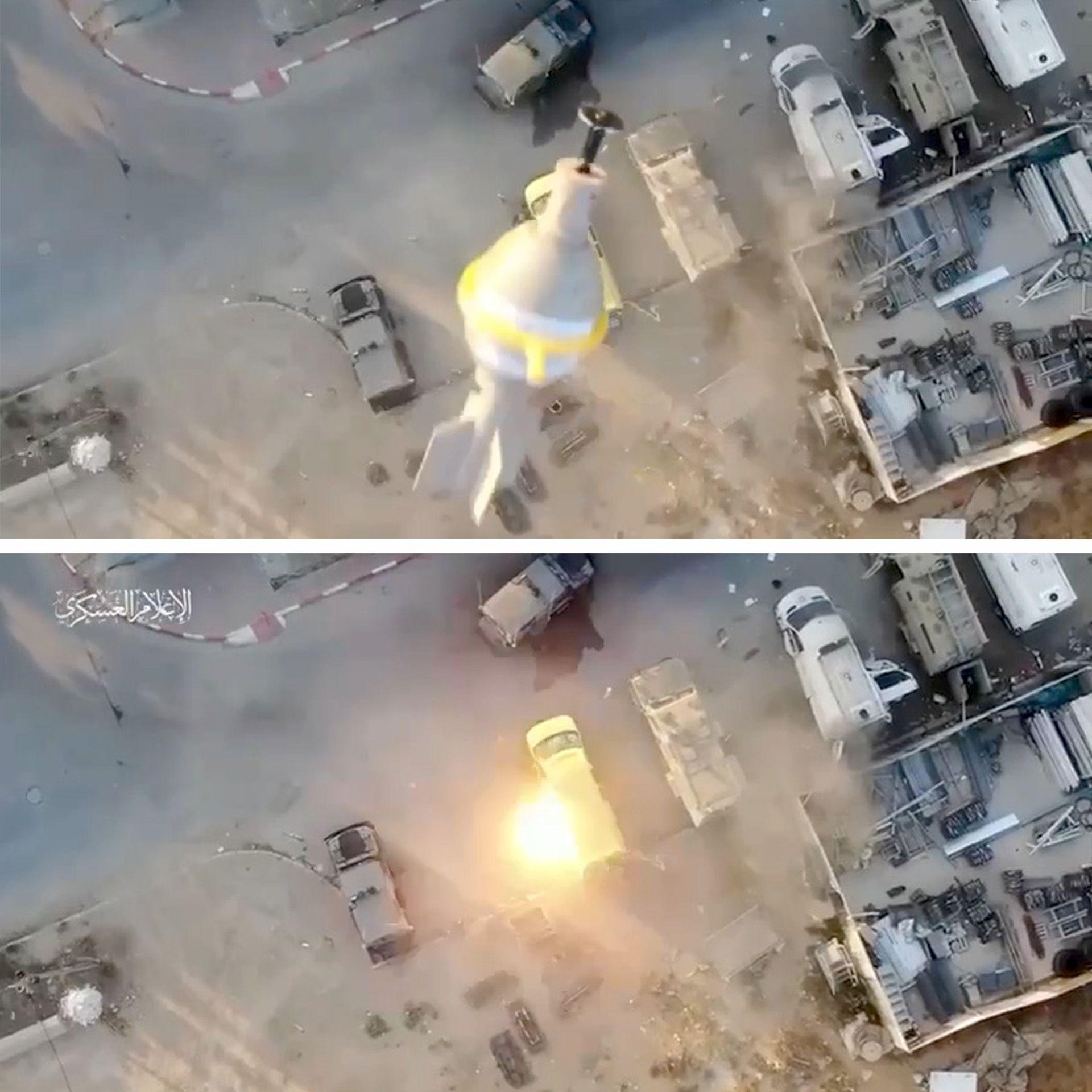 Two aerial images of a Hamas drone strike targeting vehicles inside the base. In the top one, the explosive device can be seen falling in the air. In the bottom one, it is the start of the moment of impact on a vehicle