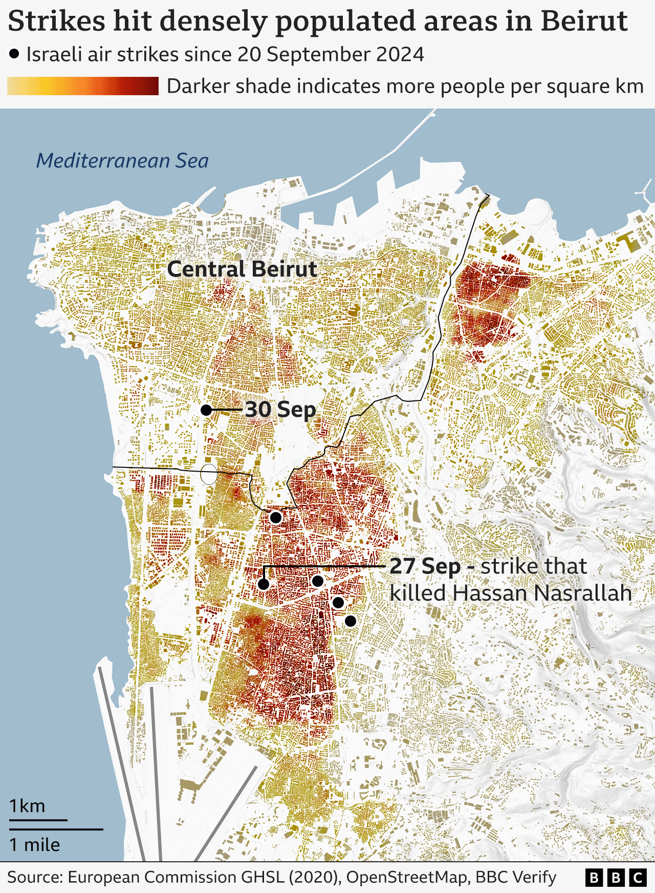 Map show di population density of Beirut and highlight di locations of some Israeli strikes on di Lebanese capital. Most strikes don dey on Dahieh suburb, wey be one of di most densely populated areas of di city.