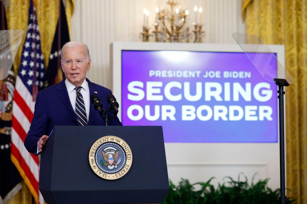 U.S. President Joe Biden deliver remarks on one executive order limiting asylum for di East Room of di White House on June 04, 2024 for Washington, DC. Biden sign executive order wey go limit migrants seeking asylum wey cross di southern border illegally at times wen high volume of daily encounters dey. (Photo by Kevin Dietsch/Getty Images)